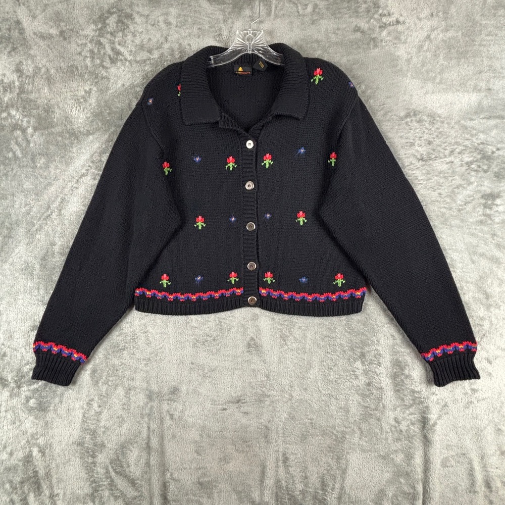 Vintage Lizsport Floral Embroidered Cardigan Sweater Womens M Black Knit Collar